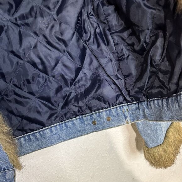 One Tuff Babe Denim Jacket Faux Fur Trim Blue Woman Size L Button Close - Picture 4 of 11